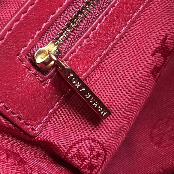 Tory Burch Genuine Leather Red Saddle Bag Gold Tone Chain Woven Shoulder Purse - Picture 14 of 16